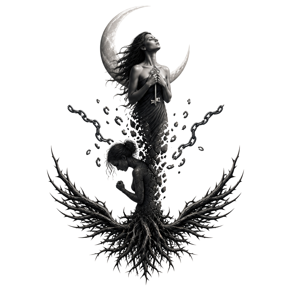 A girl’s cracked silhouette shedding broken chains, transforming into a woman standing beneath a crescent moon, holding a key close to her heart; thorned roots below become strong wings.