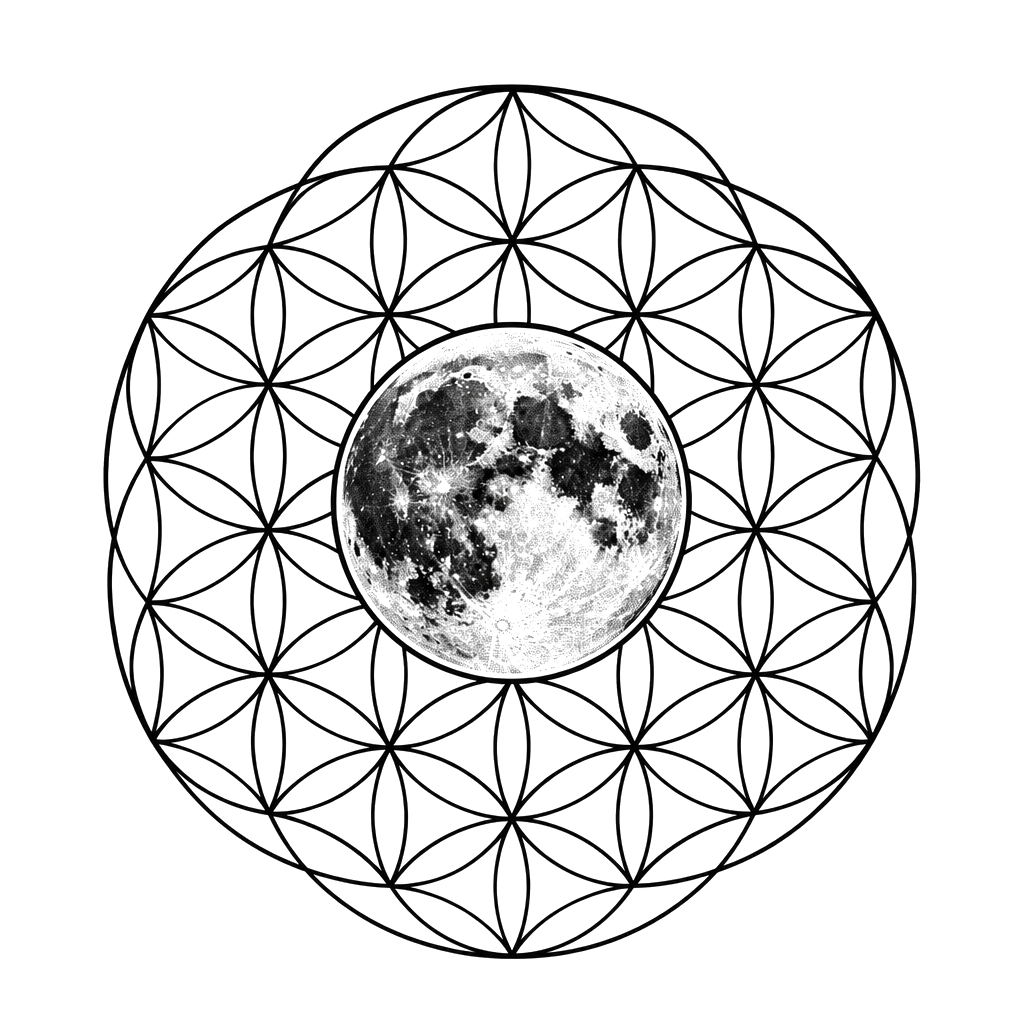 A full moon inside a flower-of-life pattern