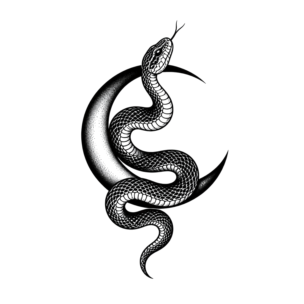 A snake curled around a crescent moon