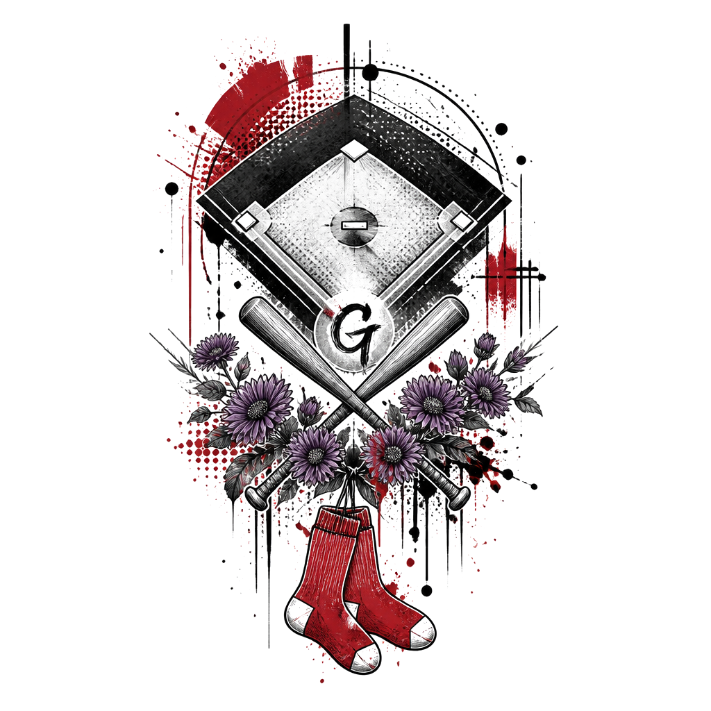 A baseball diamond with two small bats crossed beneath a subtle “G,” September’s birth flower woven around the base, and a Red Sox-inspired pair of hanging socks.