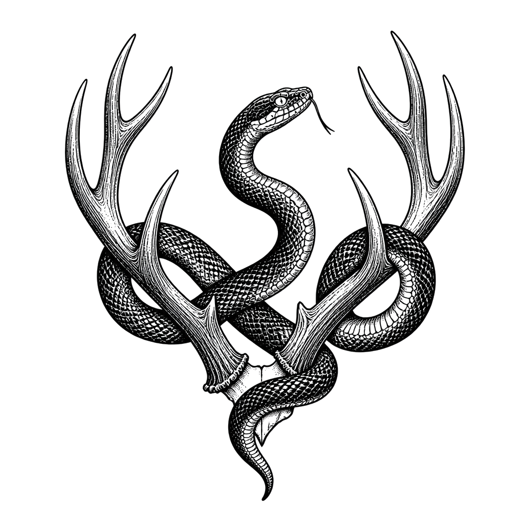 A snake draped over a pair of antlers
