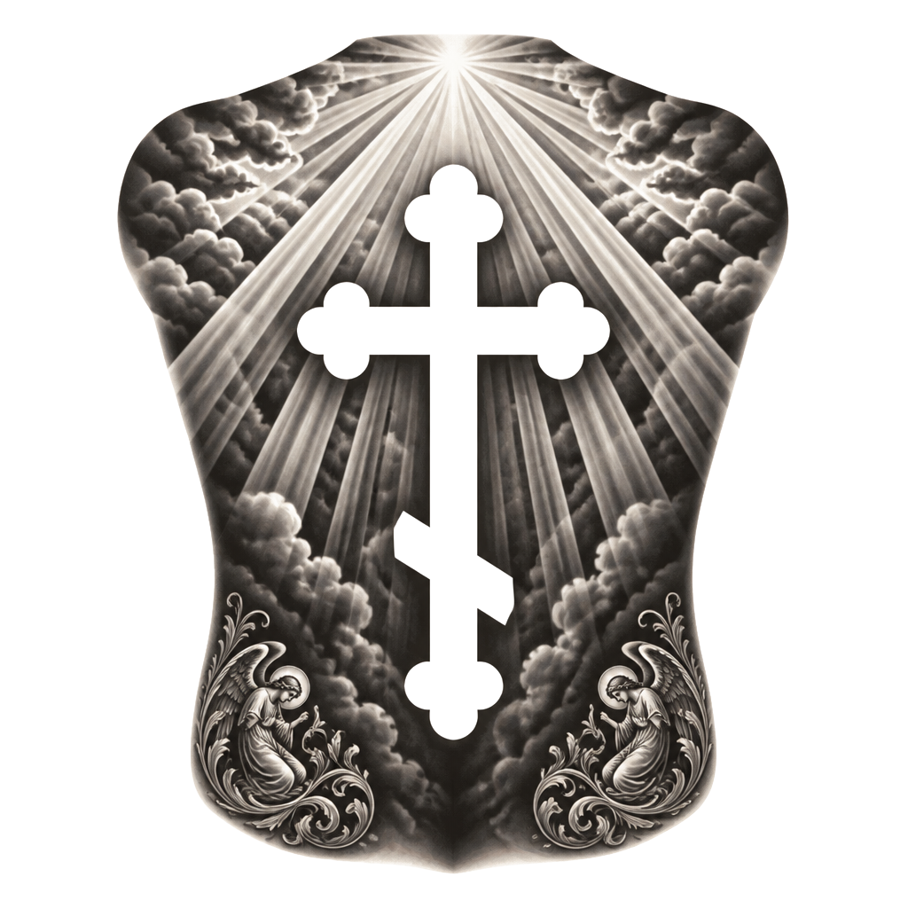 Full back piece with a Christian orthodox cross tattoo in negative space. I want sunrays to border the top and upper corners. Add two other smaller pieces in both lower corners. Keep simple