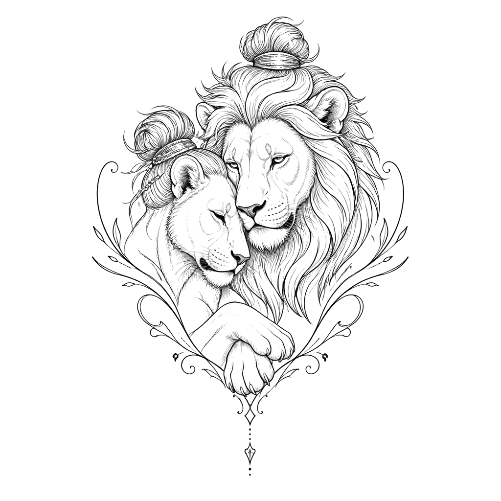 Like ride or die with names Reni & Nathan incorporated. No roses the now in hair. With lion and lioness