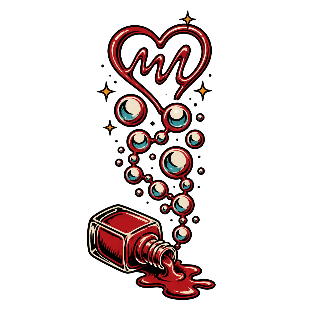 “Mal” handwritten in nail polish, a tipped bottle spilling into connected bubbles that drift upward, symbolizing an unbroken best-friend promise across this life and the next.
