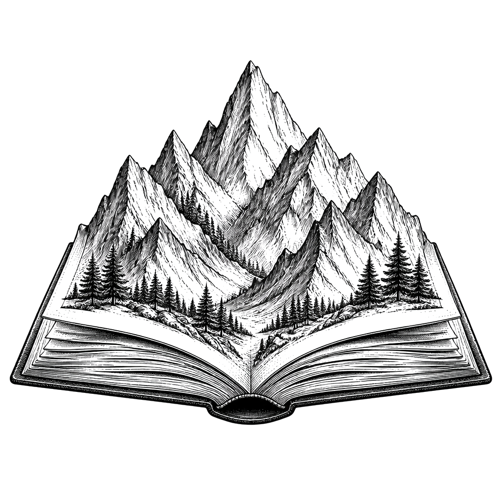 An open book with mountains rising from the pages