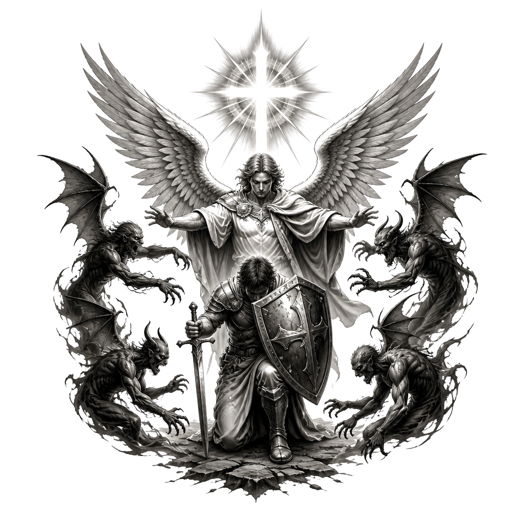 A kneeling figure beneath a radiant cross, shield raised against shadowy winged demons, while a protective angel stands behind with outstretched wings.