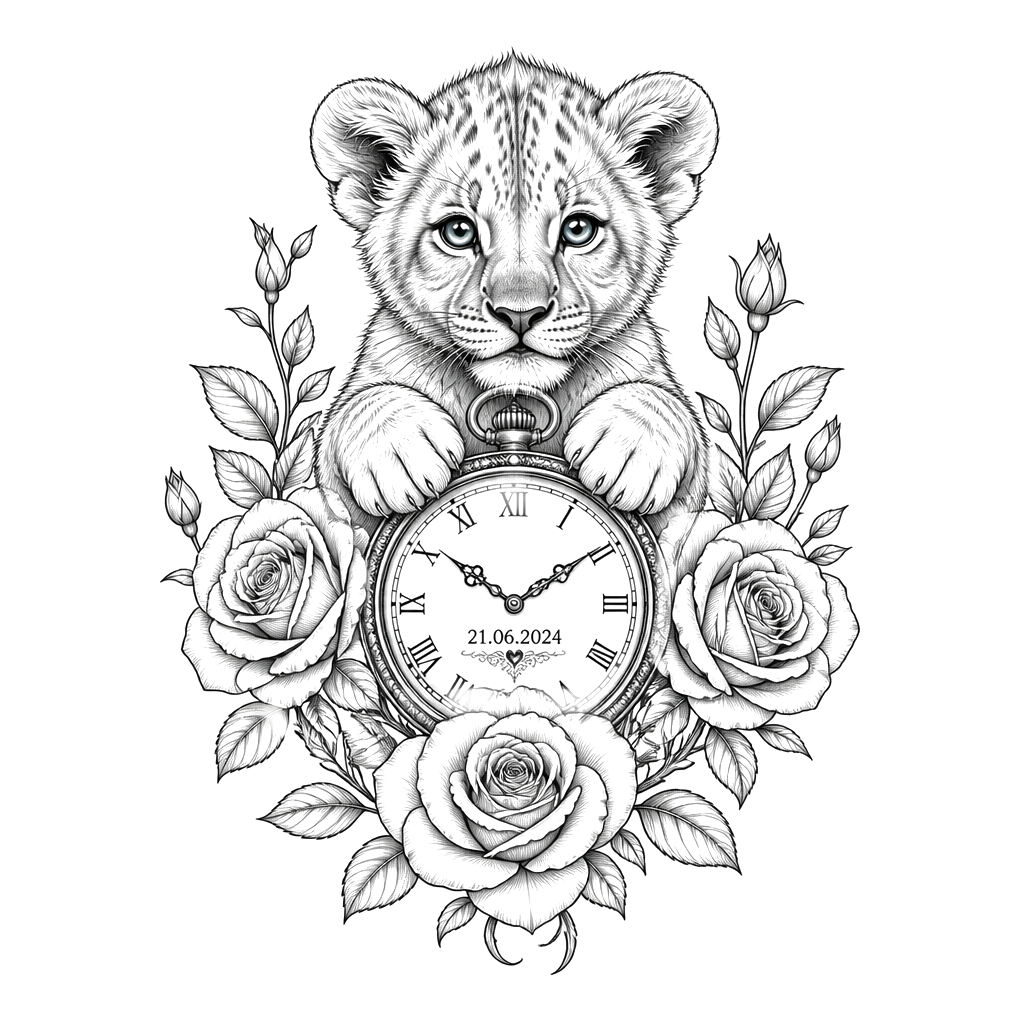 I want a baby lion blue eyes with a clock with a date on it, with  roses with the name Luella on it all in black