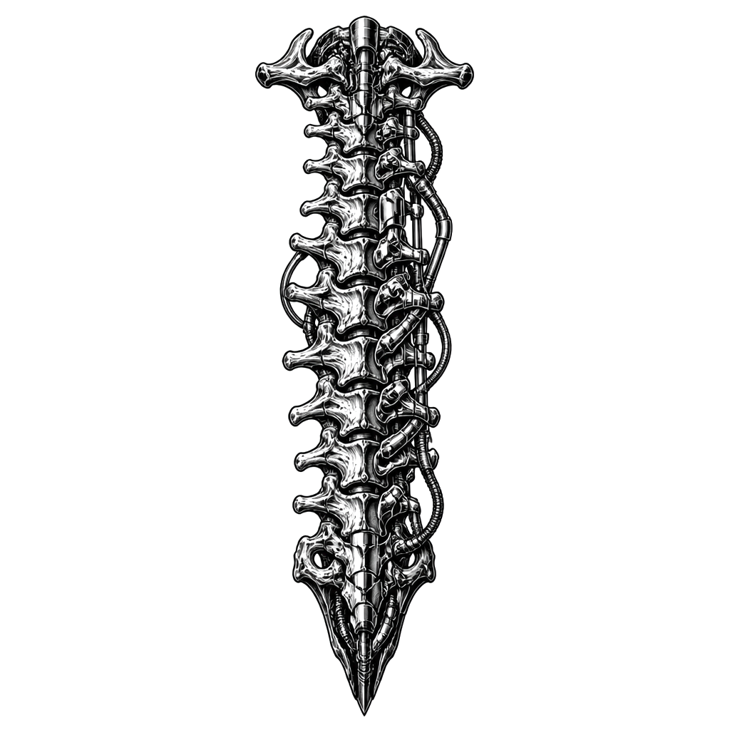 A spine fused with chrome machinery
