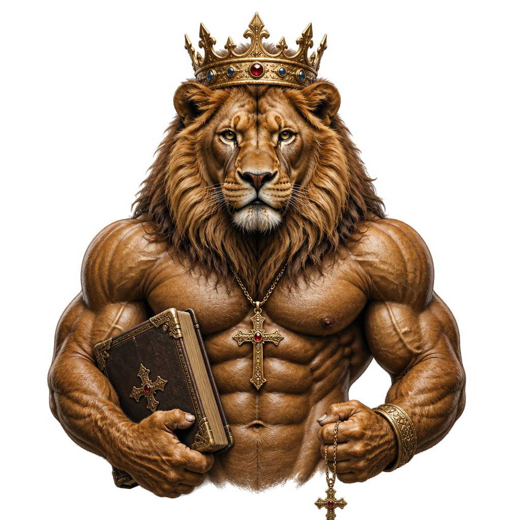 Lion brave muscular with crown of a king who is a bodybuilder. With holy Bible and necklace cross in hand or paw