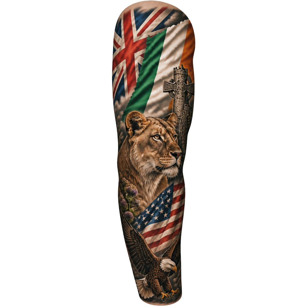 English and Irish tattoo with meaning that also is America. Create it in a full sleeve also include a female lion.