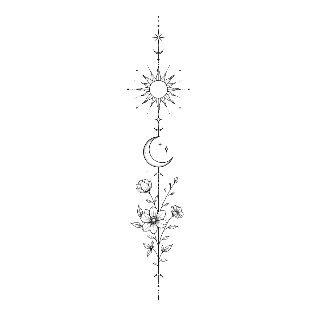 Fine line symbols w a sun moon flowers on a line