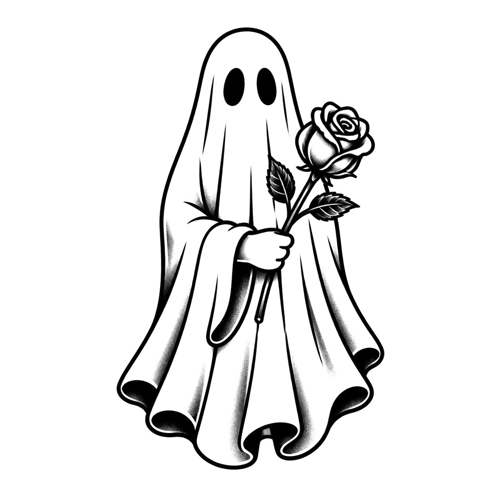A bedsheet ghost holding a single rose