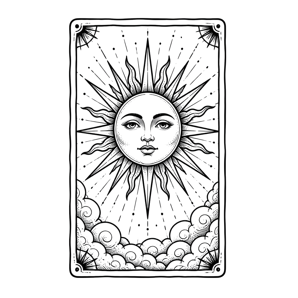 A tarot card showing a sun with a face