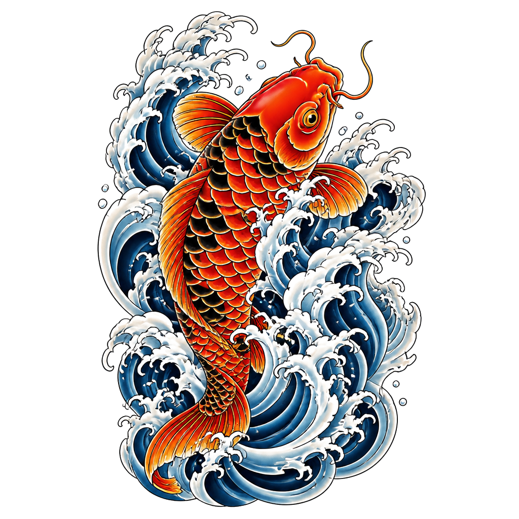 A koi fighting upstream through crashing waves