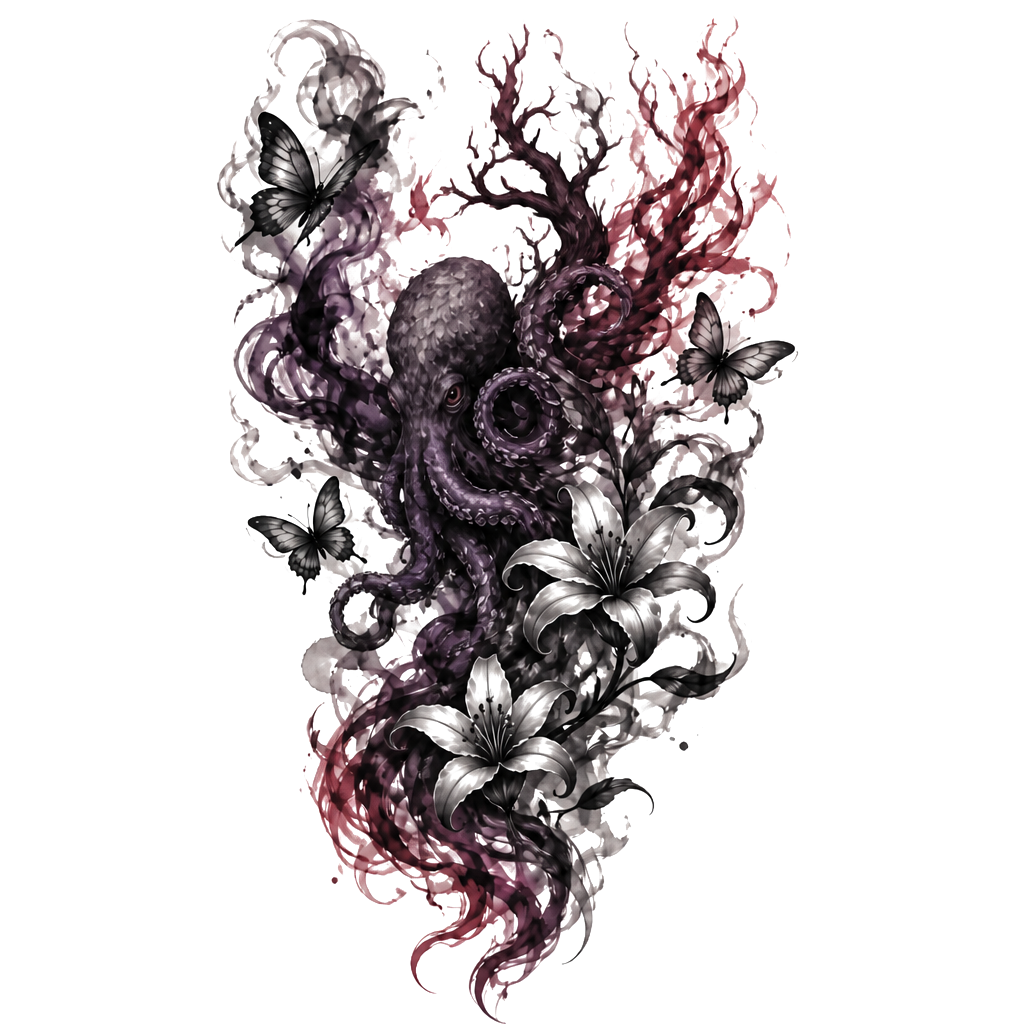 Dark elegant shoulder tattoo: add a large ink-smoke phoenix in black & smoky gray. Smoke-style butterflies + delicate smoky lilies/vines integrated throughout. Flowing organic wrap-around design on shoulder/upper arm. Mood: mysterious, powerful, shadowy, ethereal—dark vibes only, monochrome ink wash aesthetic.i like blue and red and purple idk