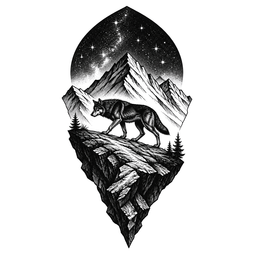 A lone wolf walking a mountain ridge under the stars