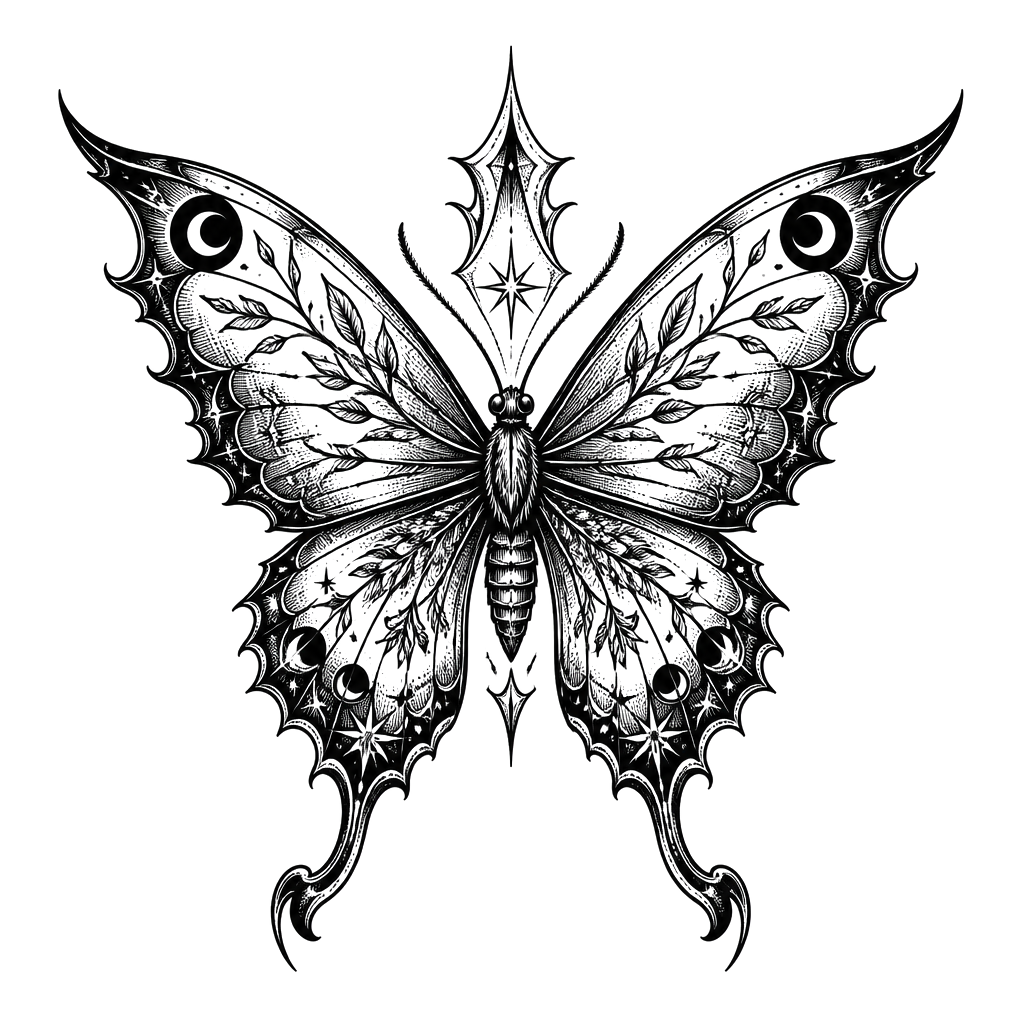 A vintage black-and-white tattoo design of a highly stylized butterfly or moth, centered and symmetrical, drawn in an intricate hand-inked engraving style. The wings are large and ornate, filled with delicate botanical and geometric patterns, small star-like sparkles, curved ornamental details, and fine crosshatching. The body and upper wings extend into elegant pointed, flame-like ornamental shapes, while the lower wings taper into long curved decorative forms.
