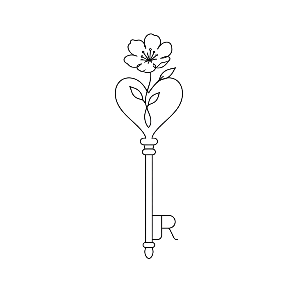 Create a key in a minimalist, single-line style. Add a flower to the top, and the letters “J R” to the bottom. The top of the key should be shaped like a heart.