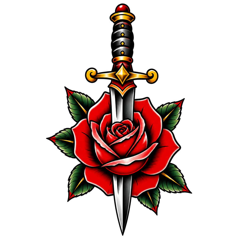 A dagger piercing a bright red rose