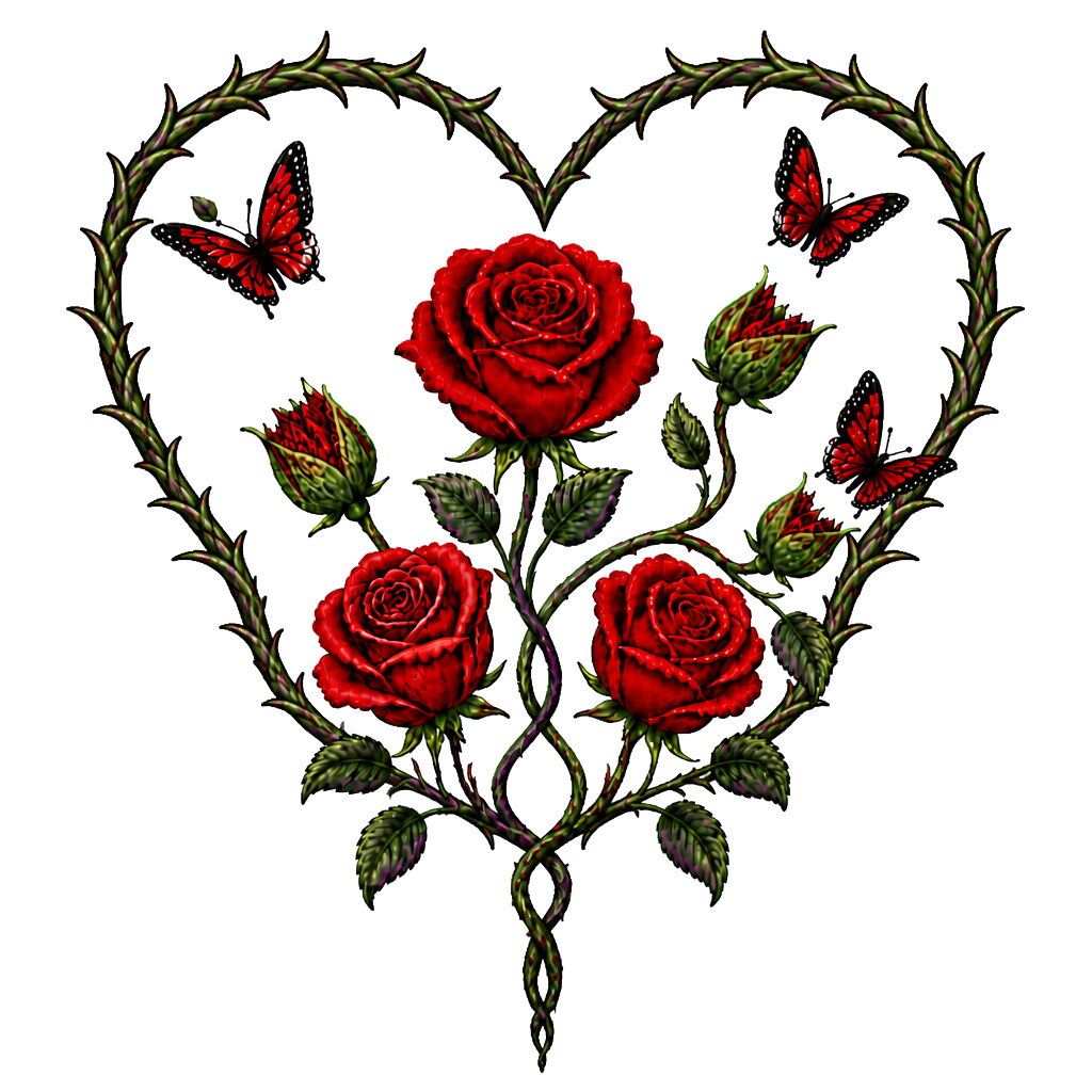 1 rote Rose, 1 geschlossene Rose wo ein Schmetterling entsteht,2 geschlossene Rosen an einen Strang wo aus den geschlossenen Rosen Schmetterlinge entstehen, 1 lila Rose und 1 rote Rose. Alles zusammen mit den Namen Fabian und Dèsirèe verbunden