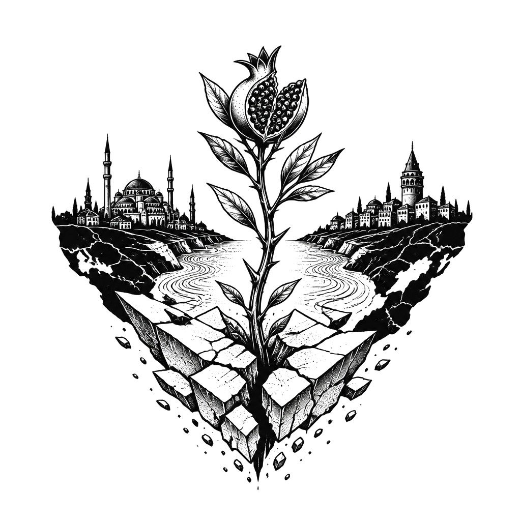 A thorned pomegranate sapling bursts upward through stone, its fierce new leaves framed by twin continental shores, a domed skyline, and rippling strait currents.