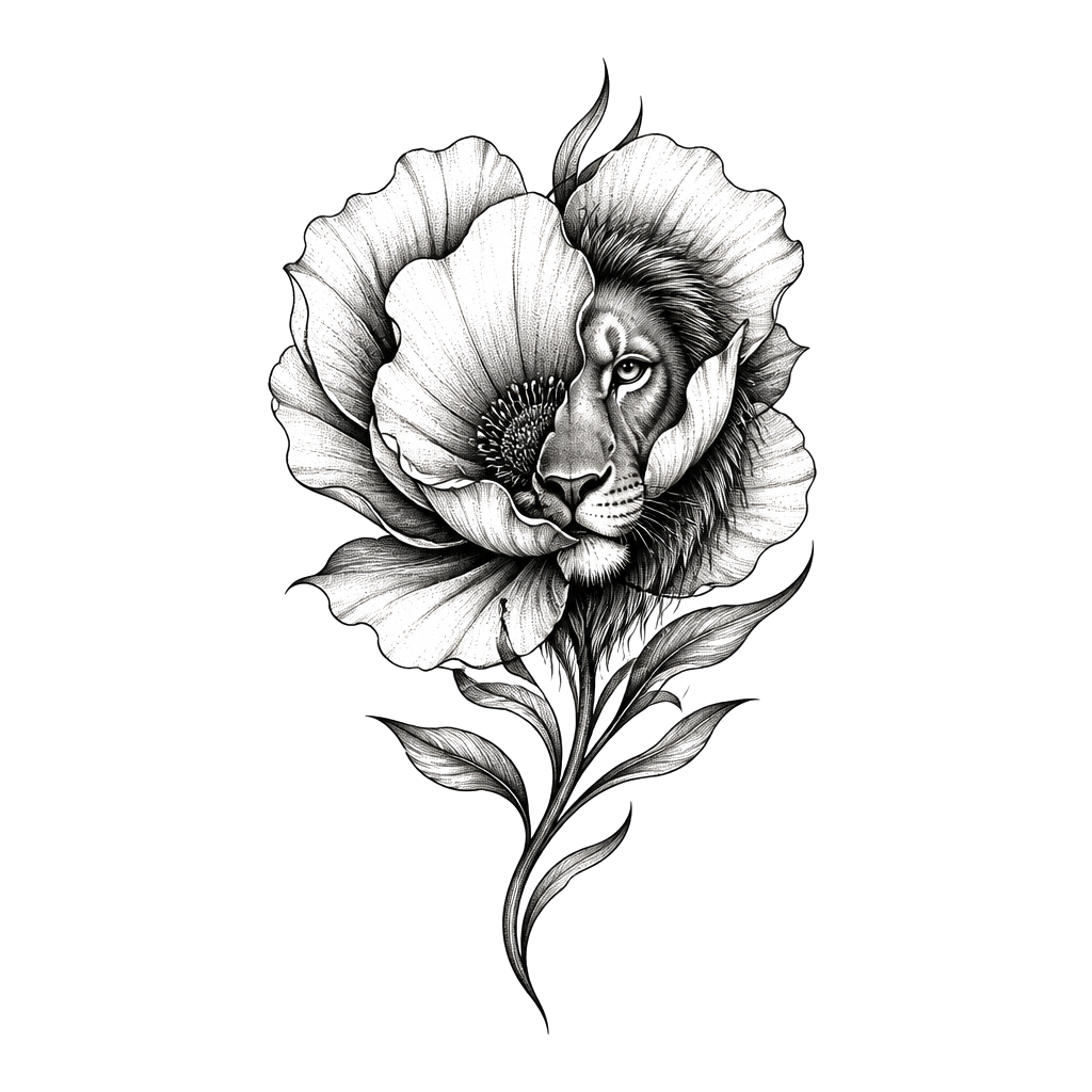 A flower with a lion peeking through on right lower back