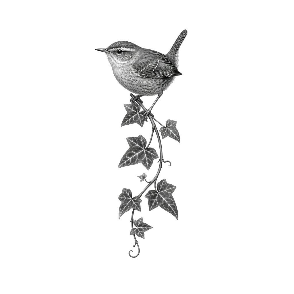 A tiny wren perched on a thread of ivy
