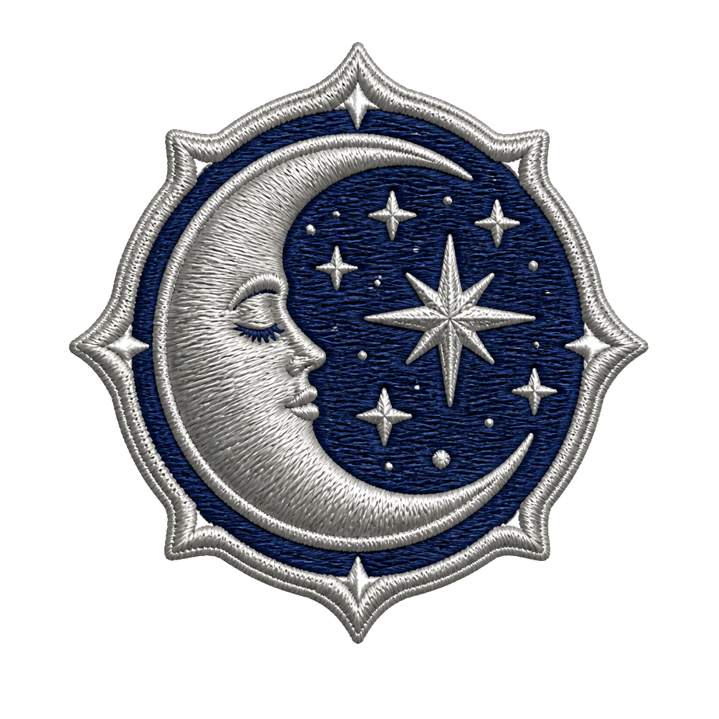 A moon and stars badge sewn in silver thread