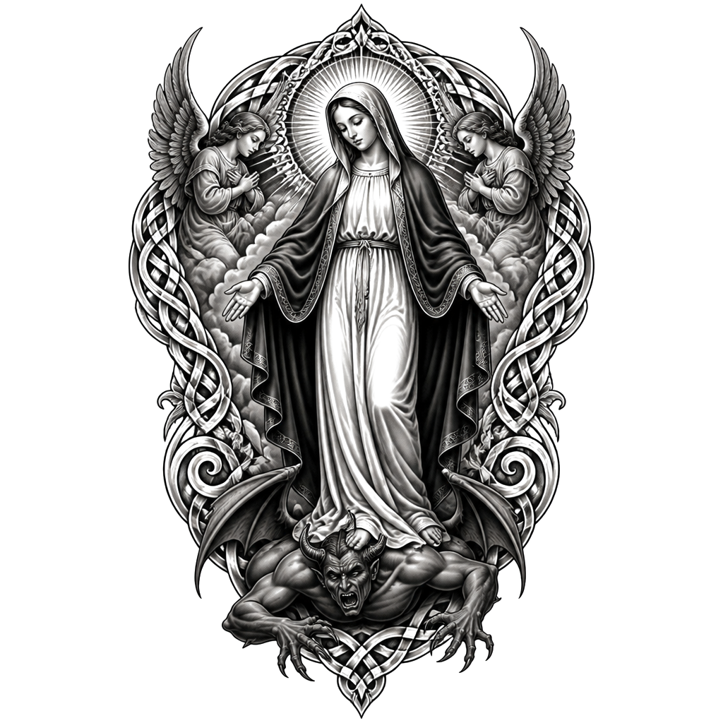 Real Bible picture of the Virgin Mary. Standing on b the devil. With angels watching over her