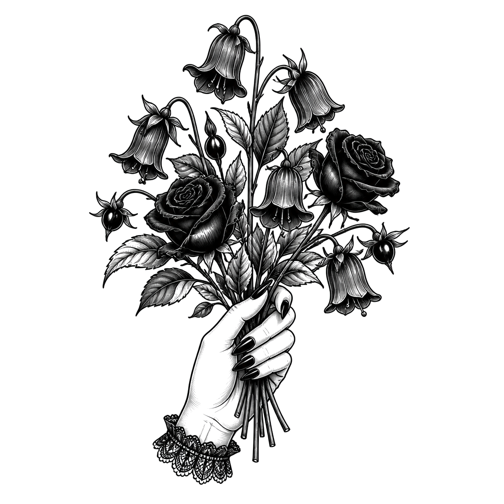 A hand holding a bouquet of belladonna and black roses