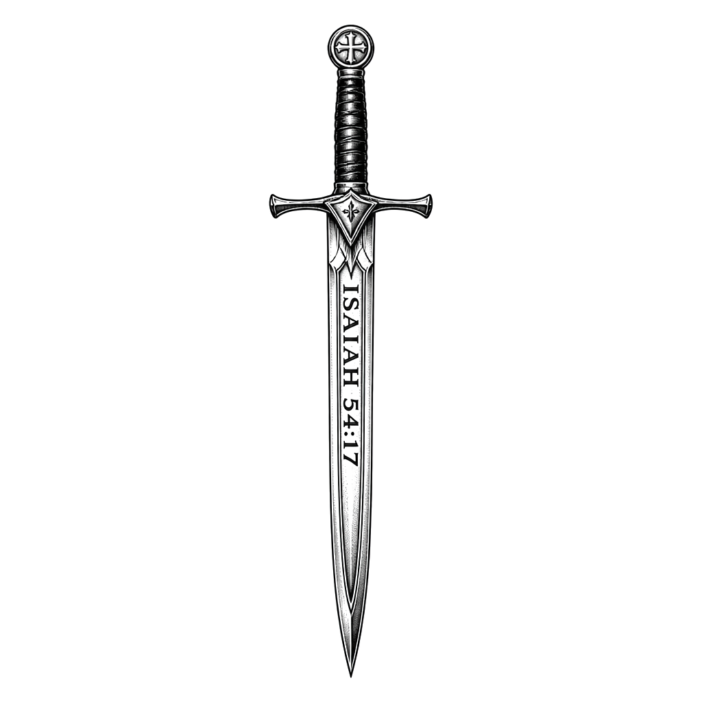 The words “Isaiah 54:17” inside a sword.