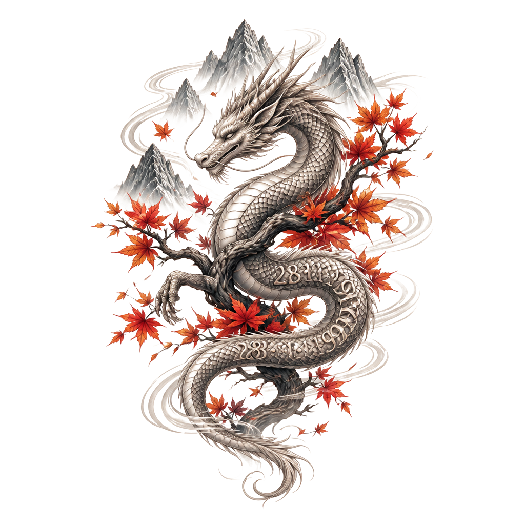 A serene dragon coiled around a November maple branch, framed by mountain peaks and subtle anime-inspired wind lines, with “Mike” and 28•11•1990 woven into the scales.