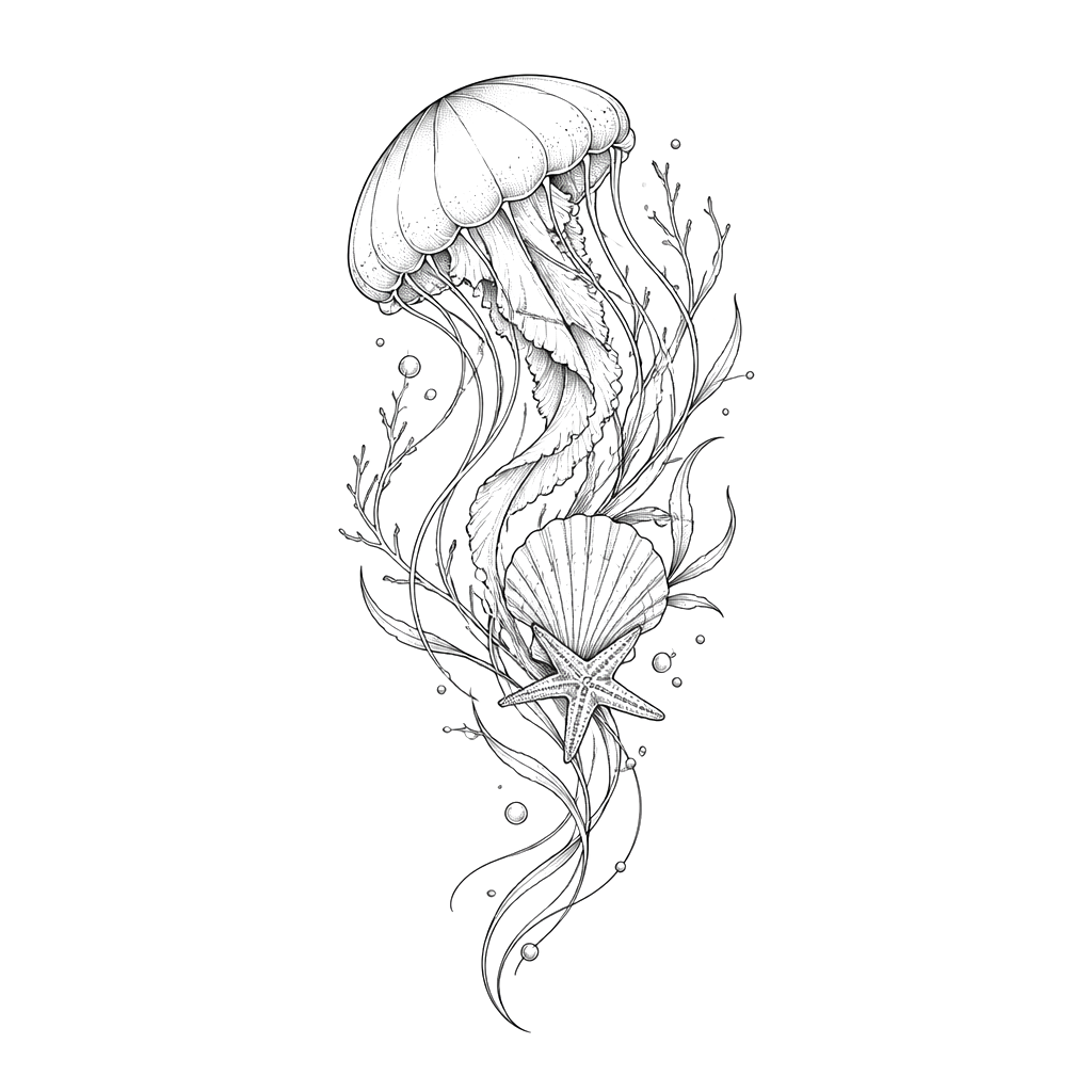 Generate a unique hip/upper thigh tattoo that is sea creature/ ocean themed