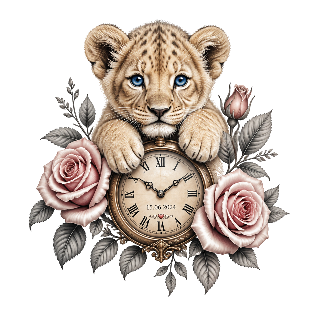 I want a baby lion blue eyes with a clock with a date on it, with roses and the name Luella
