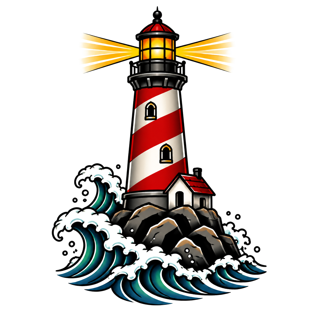 A lighthouse standing over breaking waves