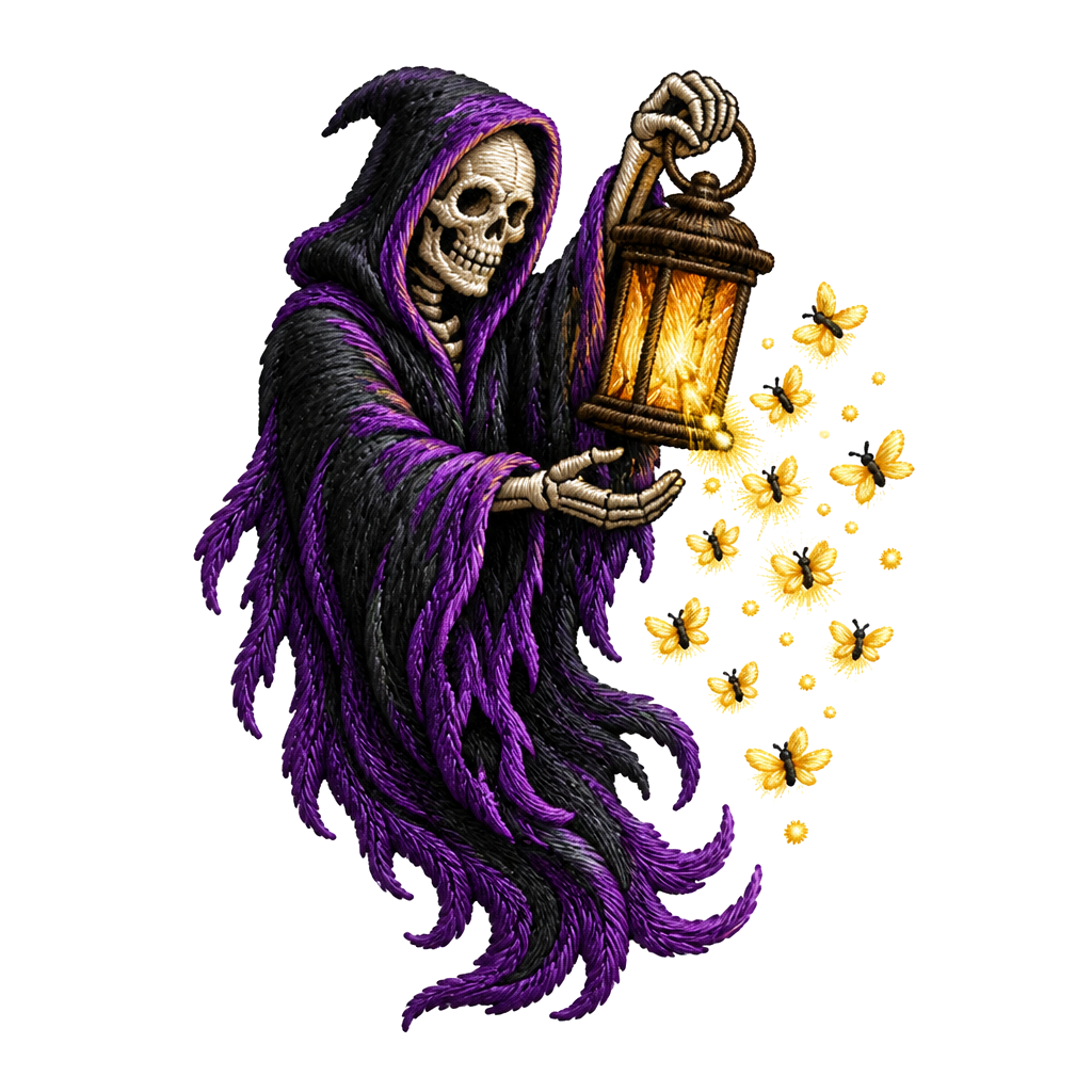 A grim reaper releasing fireflies from a lantern