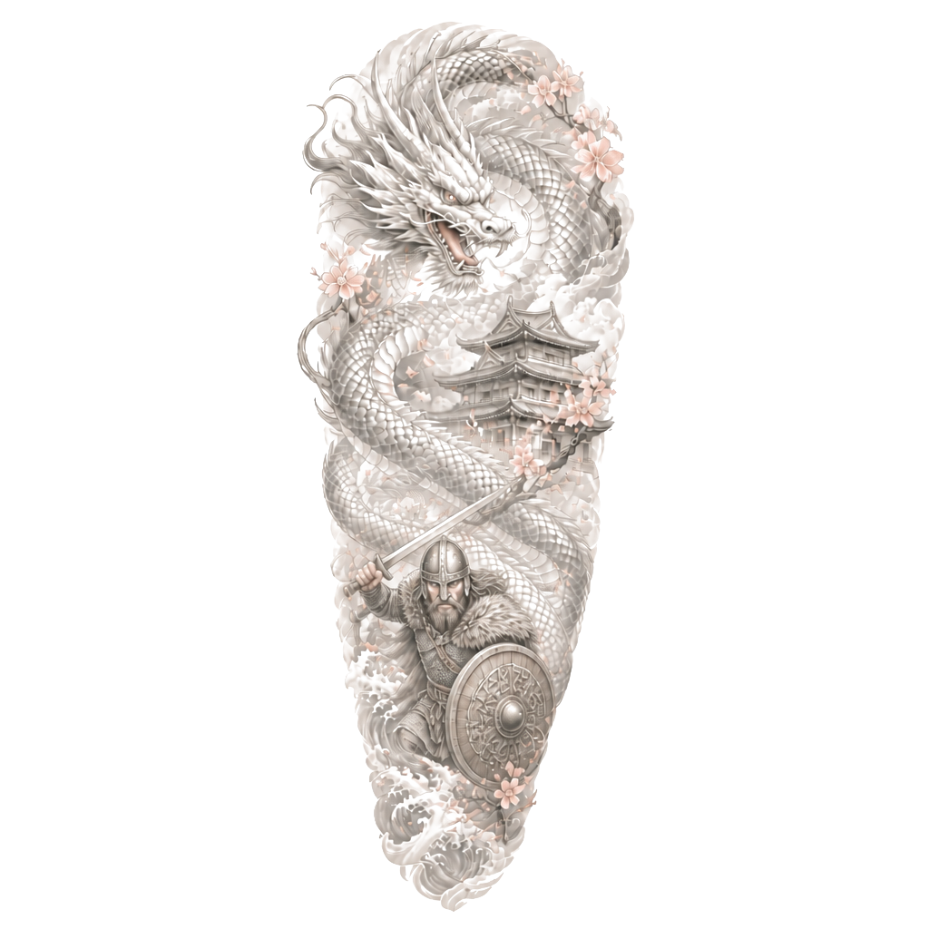 A sleeve tattoo for a man. A Japanese dragon, a warrior, a Japanese building, and some cherry blossoms with a little bit of colour