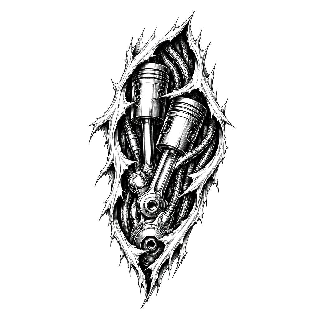 Pistons and cables beneath torn-open skin