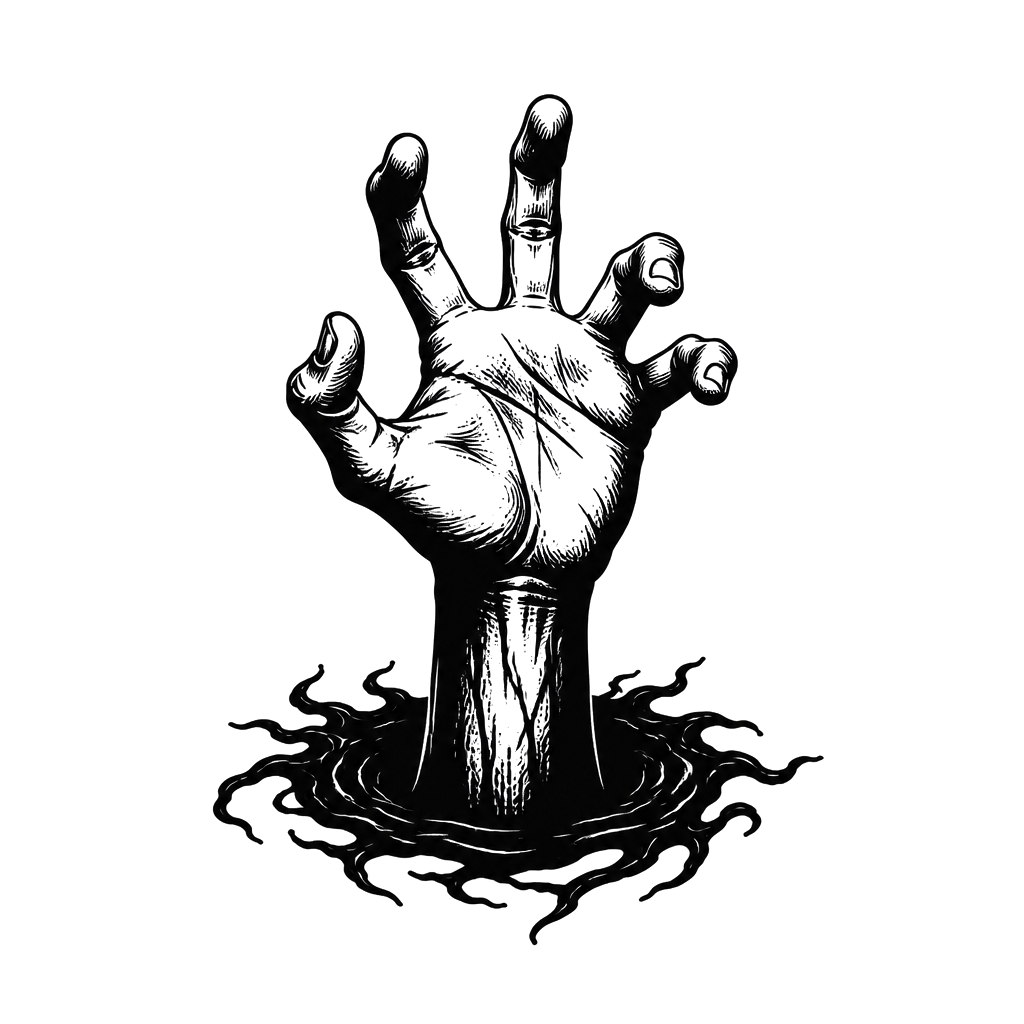 A hand reaching up out of a black void