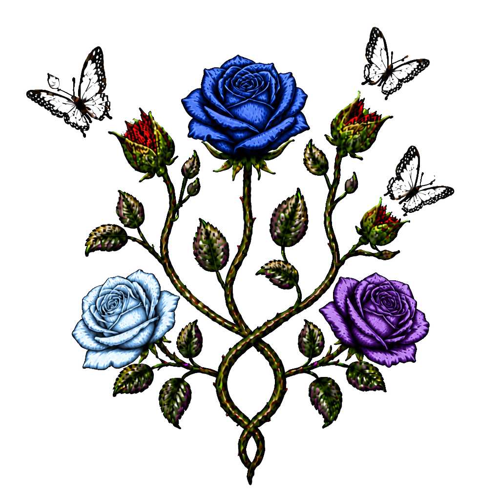 1 rote Rose, 1 geschlossene Rose wo ein Schmetterling entsteht,2 geschlossene Rosen an einen Strang wo aus den geschlossenen Rosen Schmetterlinge entstehen, 1 lila Rose und 1 rote Rose. Alles zusammen mit den Namen Fabian und Dèsirèe verbunden