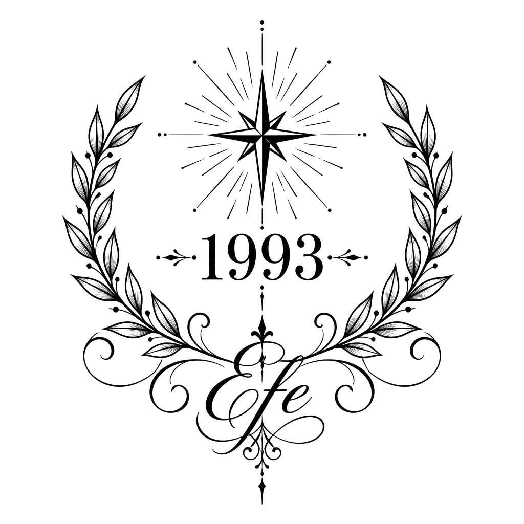 1993 centered beneath a radiant star, framed by a laurel arc and delicate rays, with “Efe” woven into the surrounding ornamental linework.