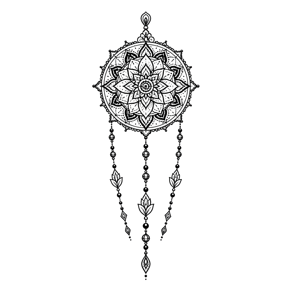 A mandala pendant with three beaded strands dropping down the sternum