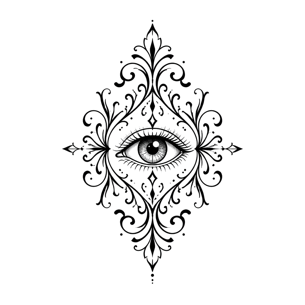 A small eye on the back of the hand framed by filigree