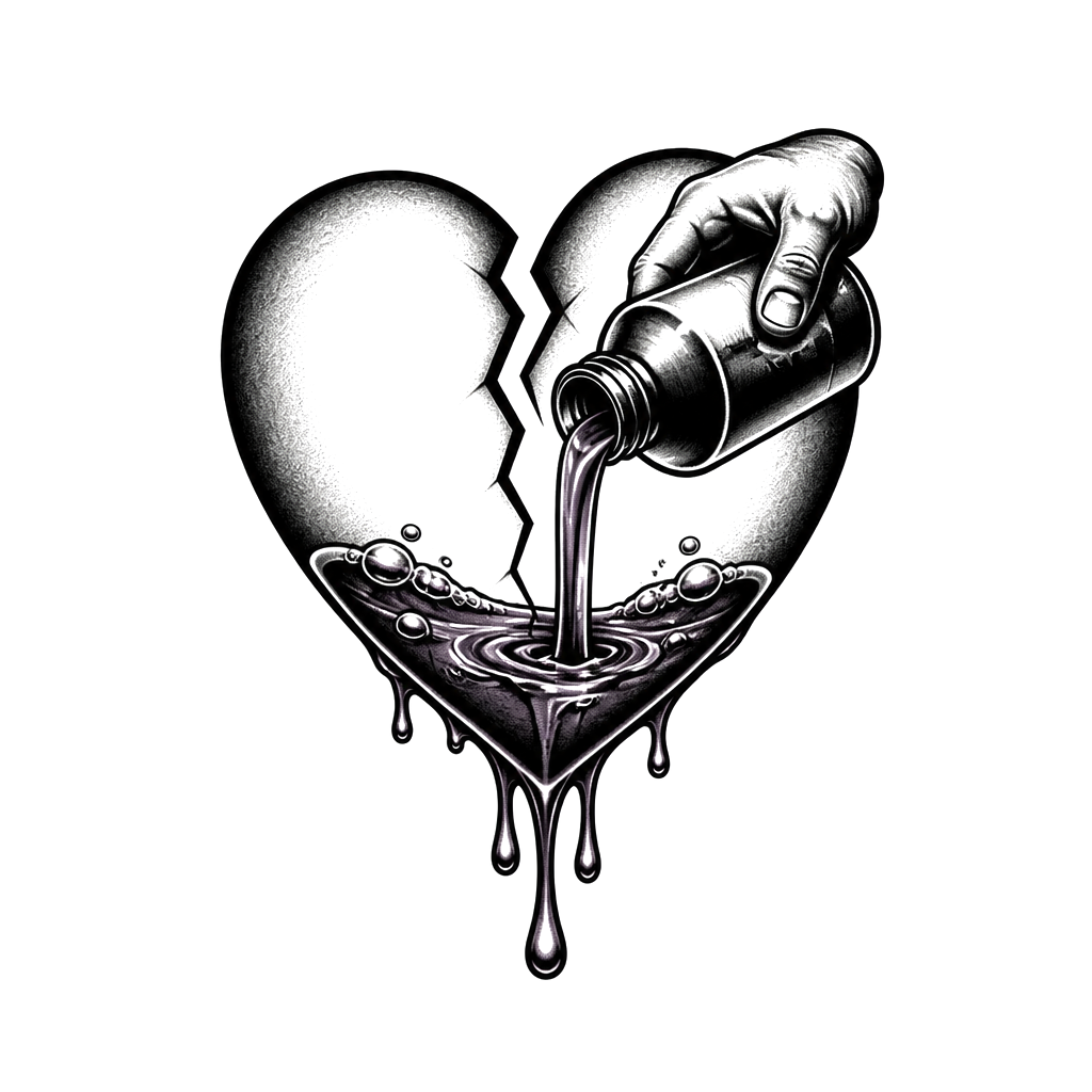 I want big and bold Nolove with a broke heart and a hand pouring Lean inside my heart