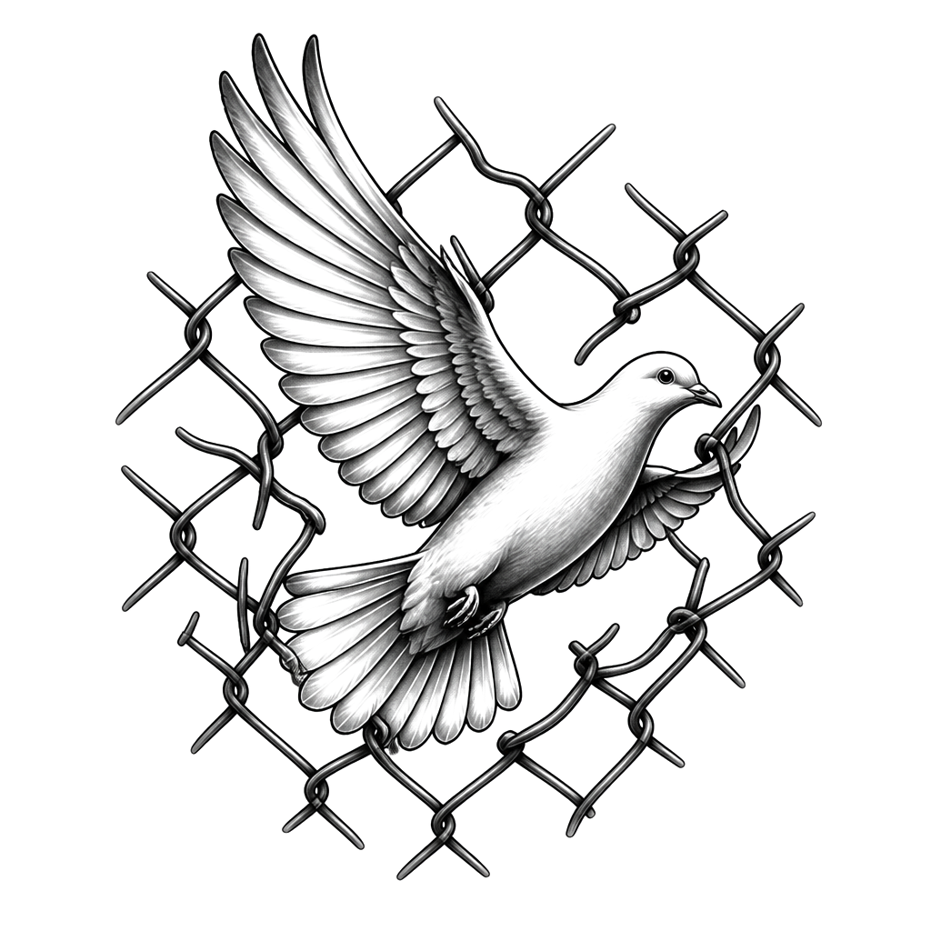 A dove flying through a chain-link fence