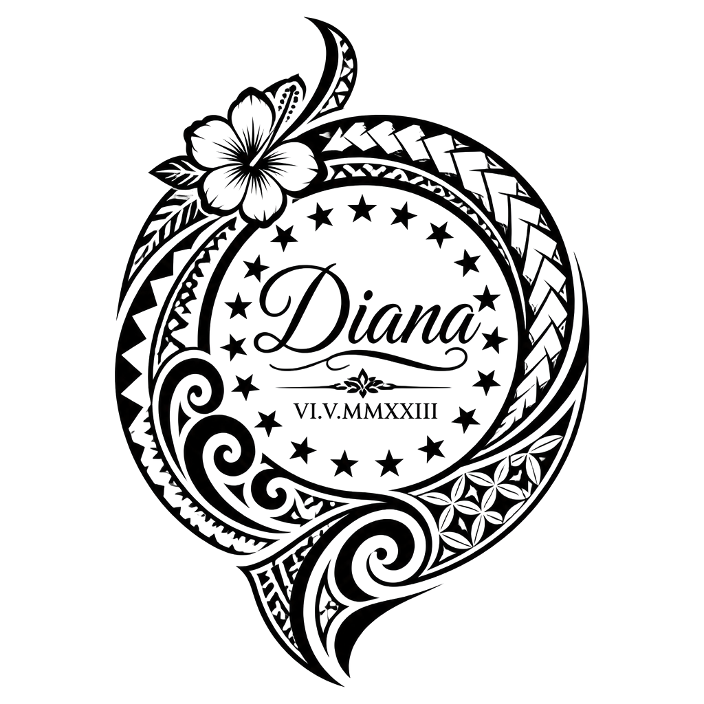 Add cook island patterns and Samoan patterns then the 15 stars in a circle plus the name : “Diana” and date “06.05.2023” in the circles and the date in Roman numerals