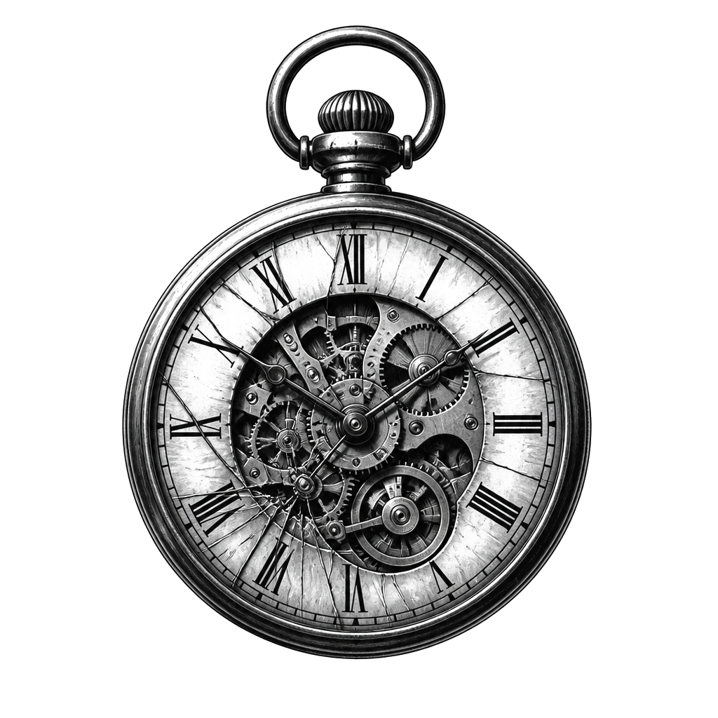 A pocket watch with cracked glass and exposed gears