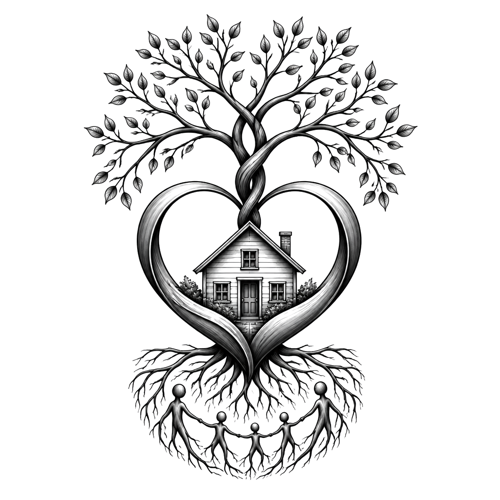 An open heart cradling a small house beneath two intertwined branches, roots forming a subtle family circle.