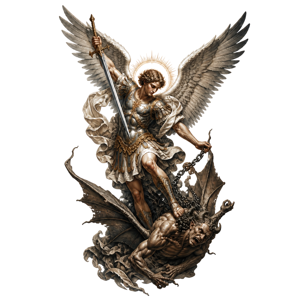 Saint Micheal the archangel defeating and casting Satan