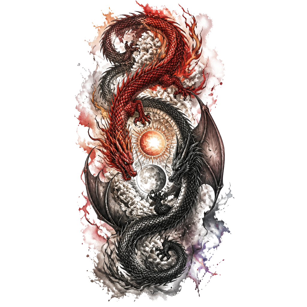 Un dragon rouge avec la queue en flamme et un dragon noir plus sombre avec des ailes. Il faut qu’il soit placé tous les deux à l’envers comme le ying et le yang et qu’ils s’entremêlent, avec au milieu des deux dragons une lune et un soleil. Je veux qu’il soit en long et que leurs têtes soit face à face. Je veux qu’il y est de la couleur sur les contours et des ombrages en couleur mais pas colorés entièrement. Le style que j’aimerais est japonais, réaliste, dotwork et sketch et un peu aquarelle s